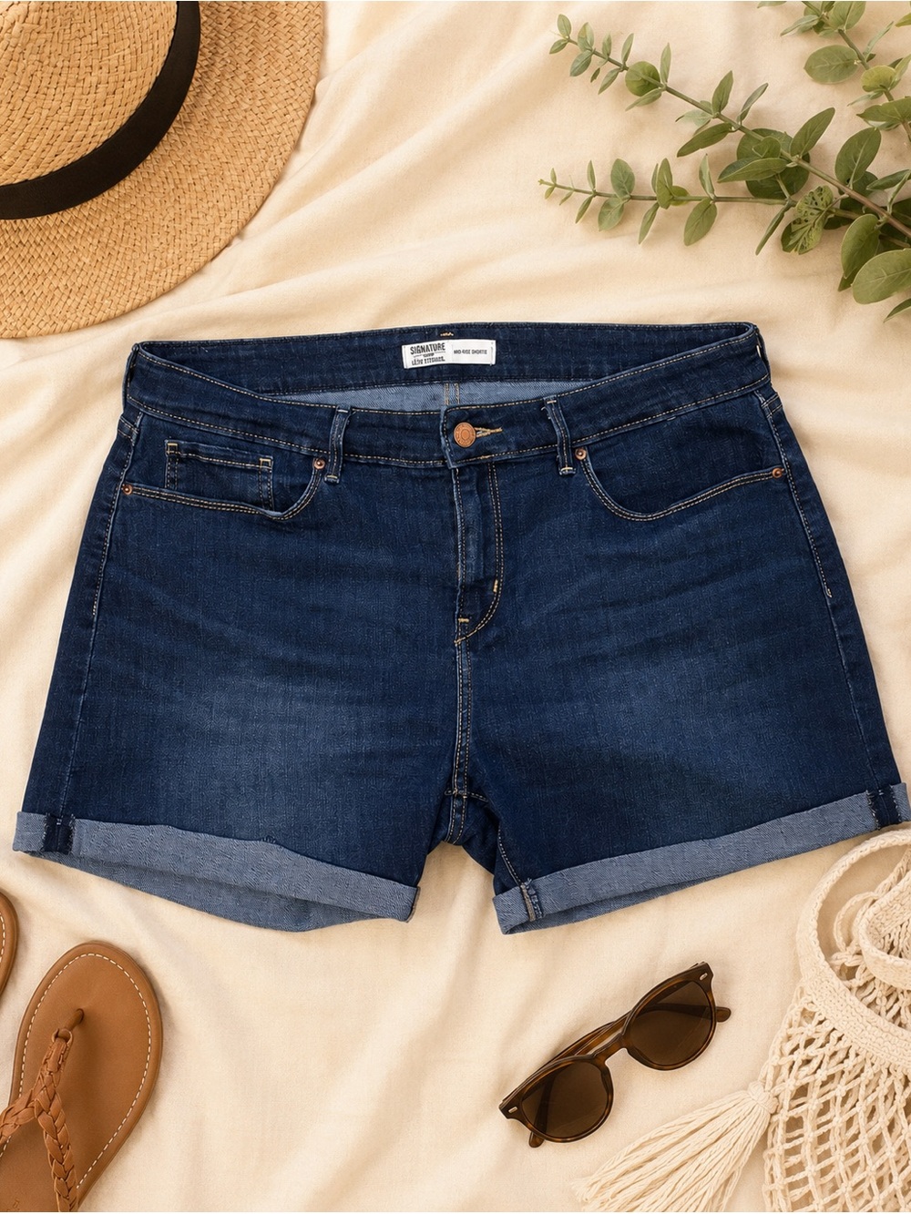 Signature by Levi Strauss Dark Blue Denim Roll-Cuff Jean Shorts